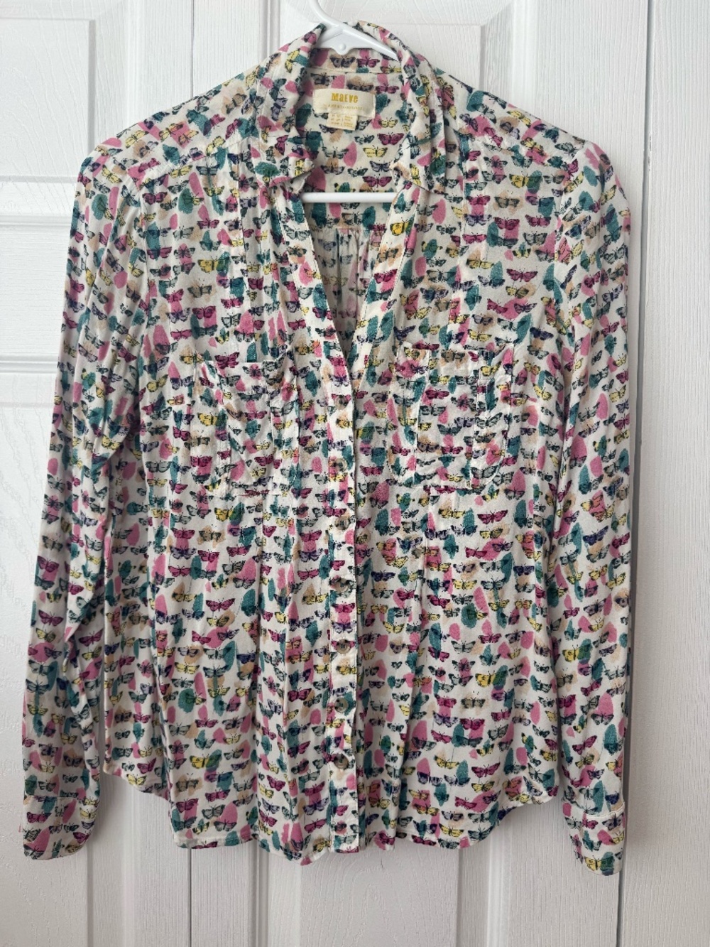 Maeve by Anthropologie Butterfly Print Long Sleeve Button Down Shirt - Size 2P